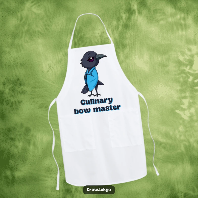 Funny kitchen apron showing a graceful crow wearing a blue kimono, performing an elegant bow.