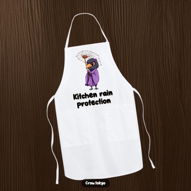 Funny kitchen apron showing a dignified crow in a purple kimono holding a delicate paper umbrella.