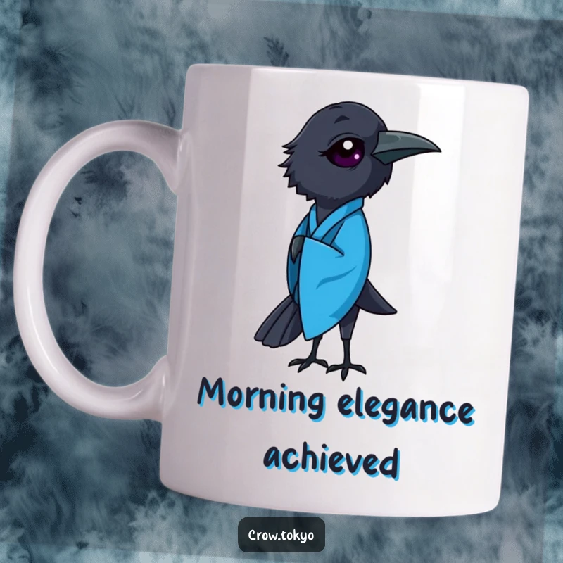 Funny mug featuring a graceful crow elegantly dressed in a flowing blue kimono, performing a polite bow.