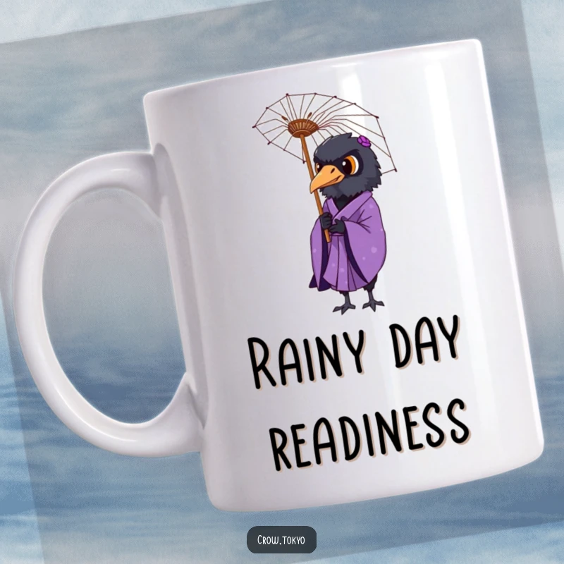 Funny mug featuring a dignified crow in a purple kimono holding a delicate paper umbrella with poise.
