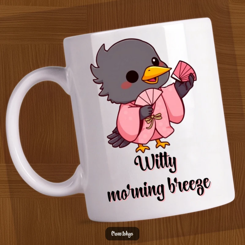 Funny mug depicting a playful crow in a pink kimono skillfully balancing a small fan on its beak.