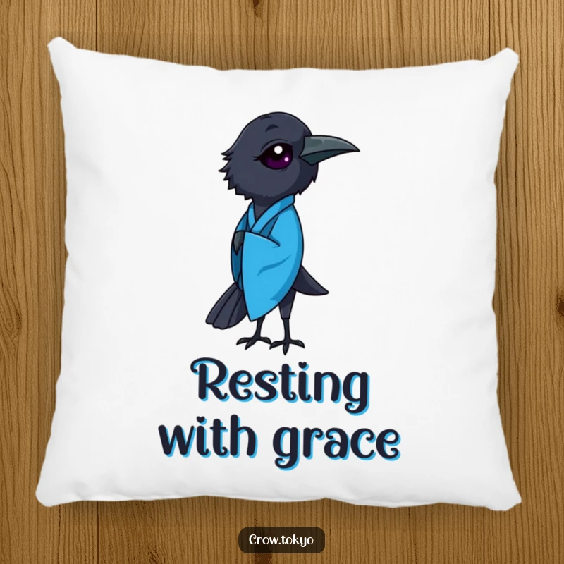 Funny throw pillow featuring an elegant crow in a flowing blue kimono, captured gracefully mid-bow.