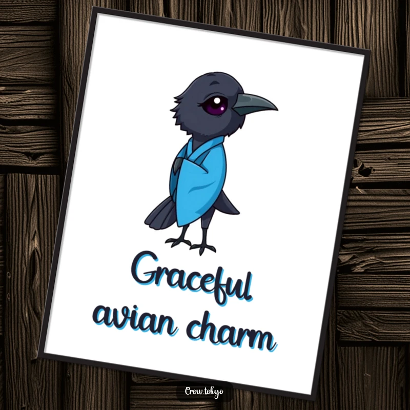 Funny digital art print of an elegant crow dressed in a flowing blue kimono, captured mid-bow.