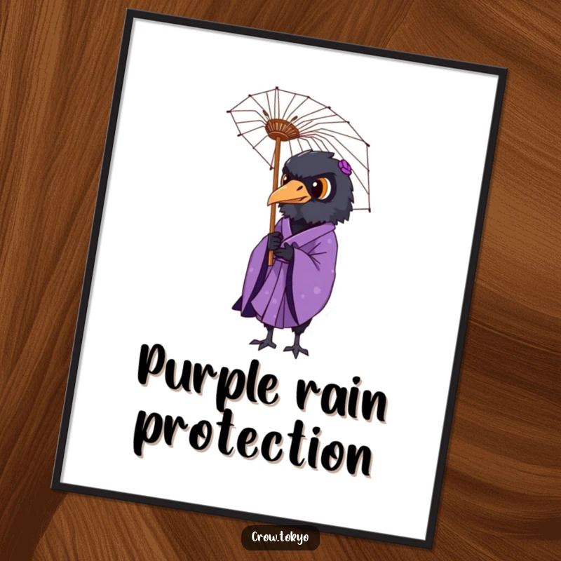 Funny digital art print of a dignified crow in a purple kimono holding a delicate paper umbrella.
