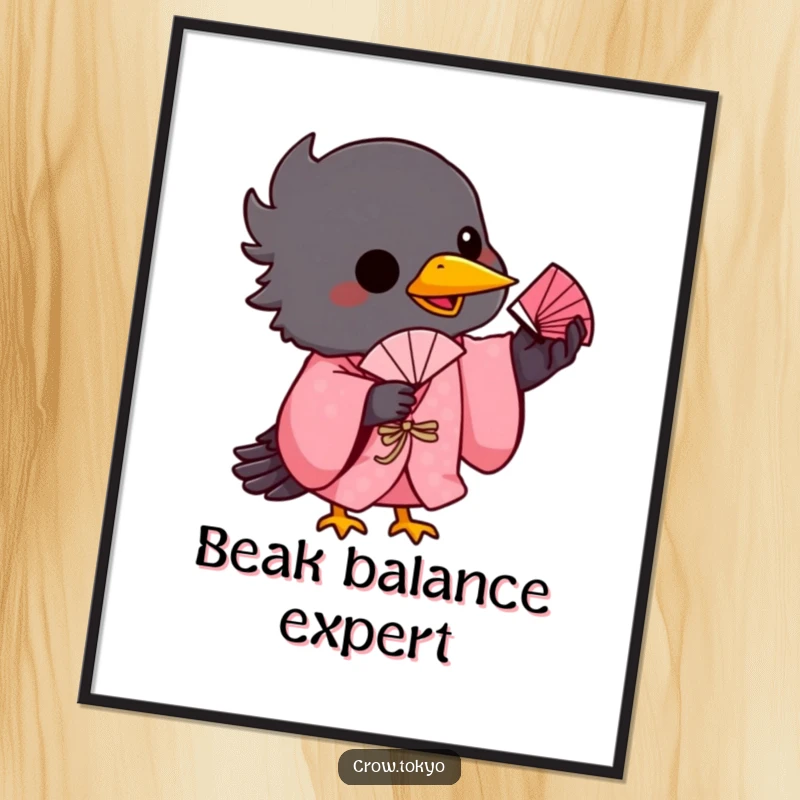 Funny poster art of a playful crow in a pink kimono, balancing a small fan on its beak.