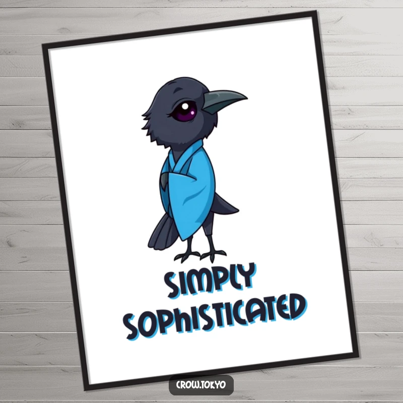 Funny poster art of a graceful crow dressed in a flowing blue kimono, performing a respectful bow.