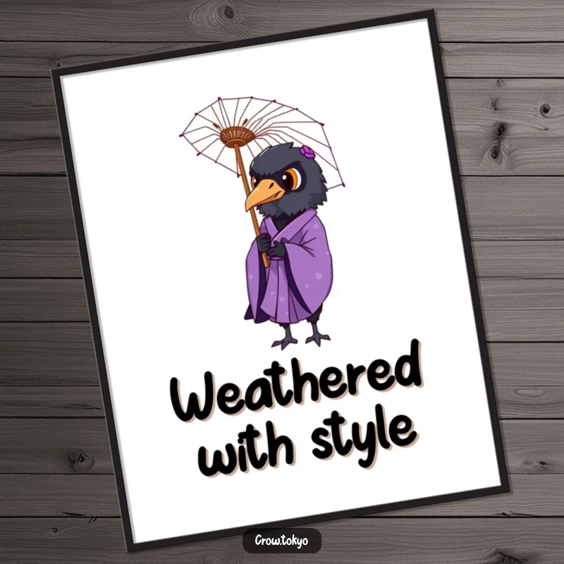 Funny poster art of a dignified crow in a purple kimono holding a delicate paper umbrella.