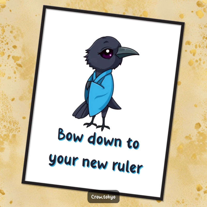 Elegant Free Printable Wall Art: A graceful crow wearing a vibrant, flowing blue kimono is captured mid-bow, exuding serenity.