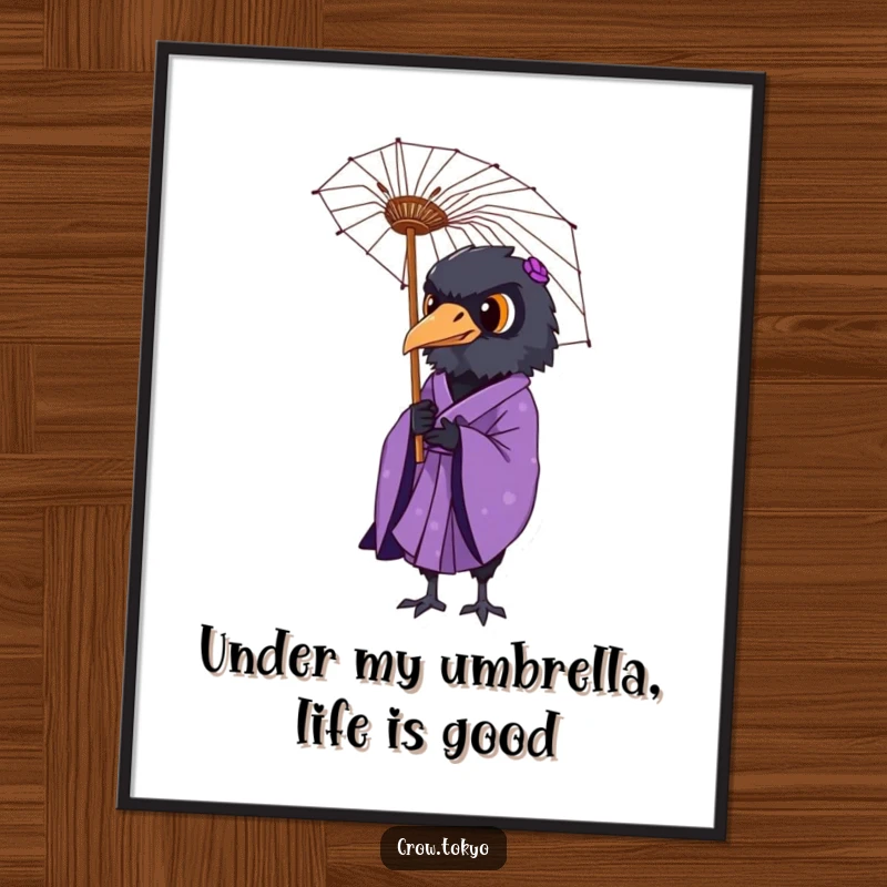 Elegant Free Printable Wall Art: A dignified crow in a purple kimono holds a delicate paper umbrella, exuding calm dignity.