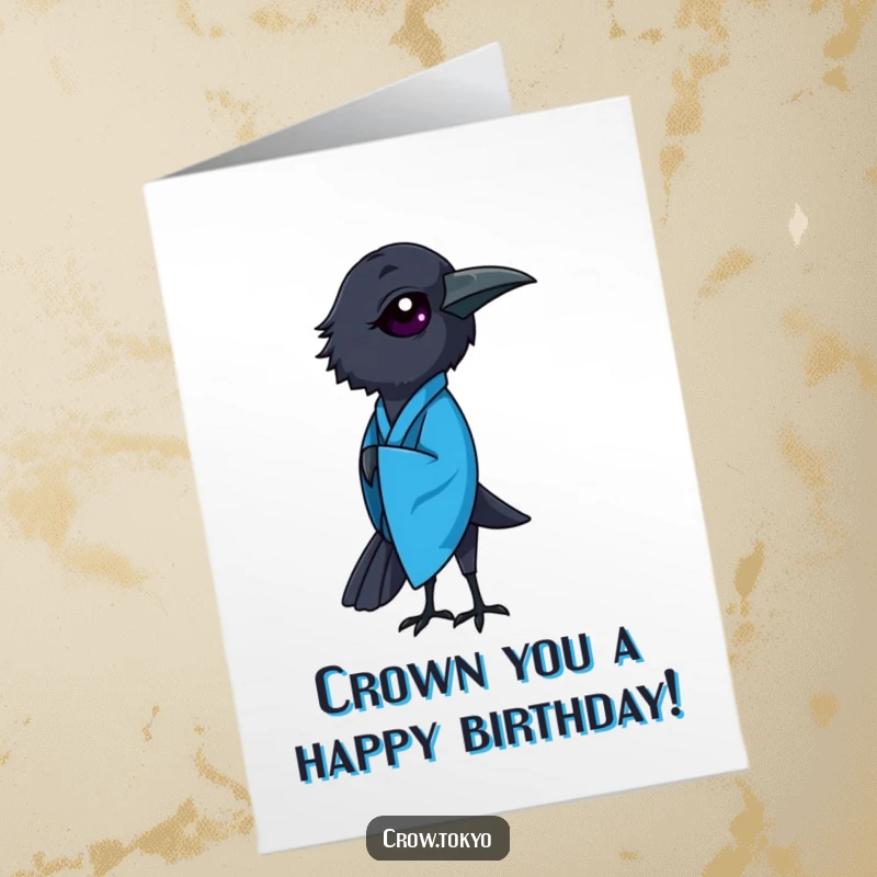Elegant Free Printable Birthday Card: Graceful crow in a vibrant blue kimono performs a respectful bow, a thoughtful DIY gift.