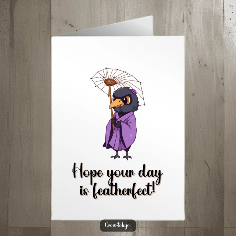 Elegant Free Printable Birthday Card: Dignified crow in a purple kimono holds a delicate paper umbrella, a classy DIY gift.