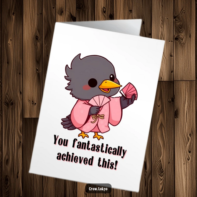 Funny Free Printable Congrats Card: Playful crow in pink kimono expertly balances a small fan on its beak, a great gift.