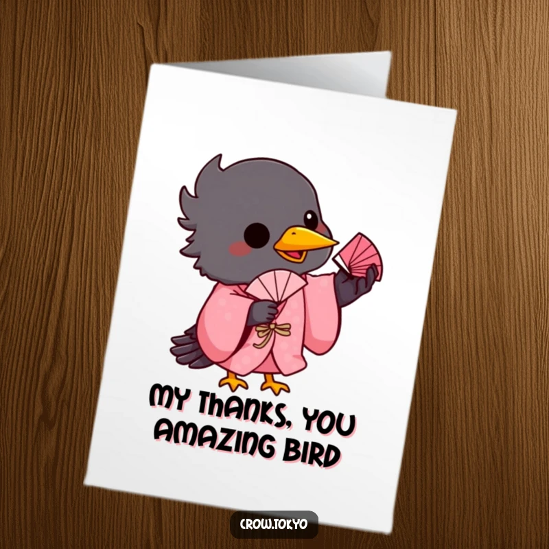 Funny Free Printable Thank You Card: Playful crow in a pink kimono balances a tiny fan on its beak, a sweet gift.
