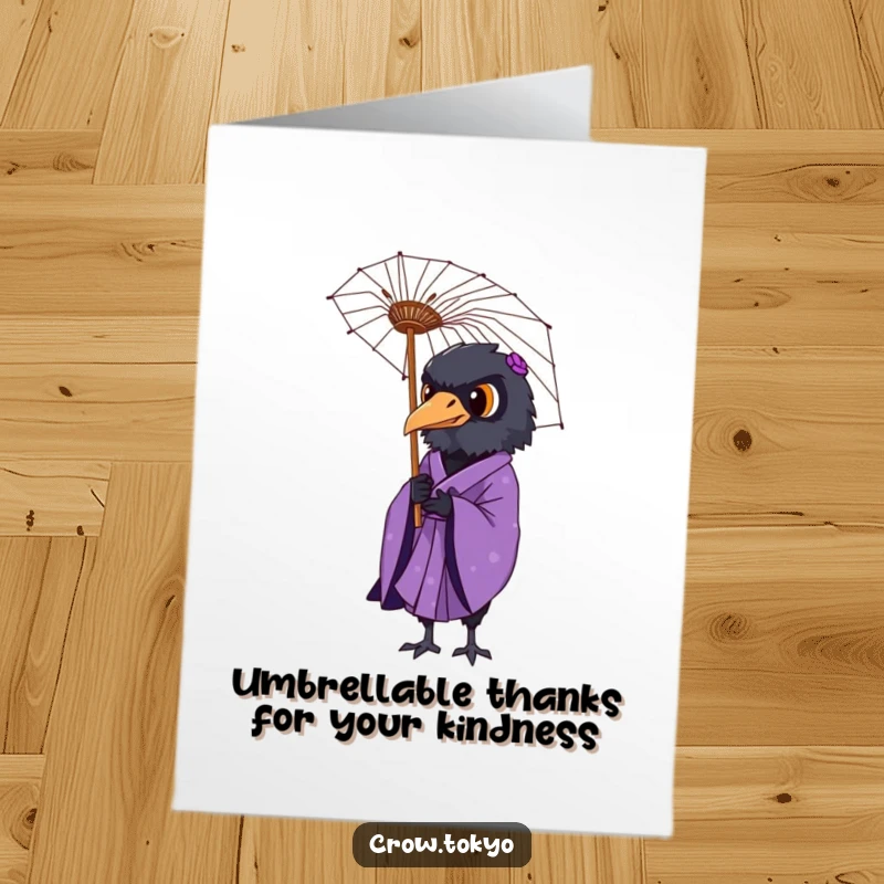 Elegant Free Printable Thank You Card: Dignified crow in purple kimono holds a delicate paper umbrella, a thoughtful DIY gift.