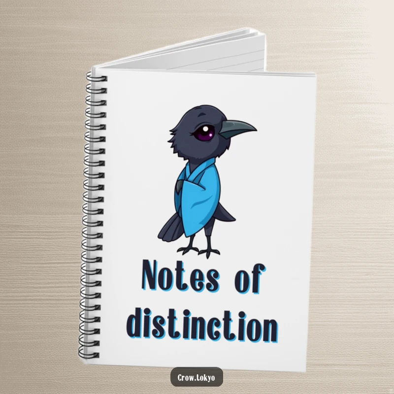 Funny notebook cover featuring an elegant crow in a flowing blue kimono, bowing gracefully.