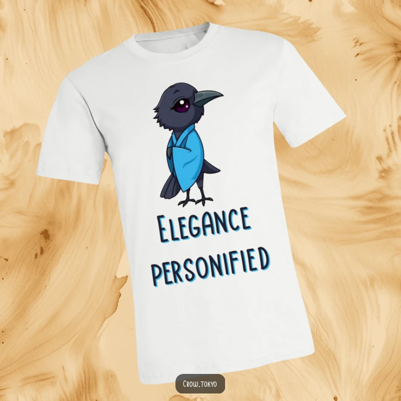 Funny t-shirt print of an elegant crow wearing a stunning blue kimono, captured in the motion of a respectful bow.