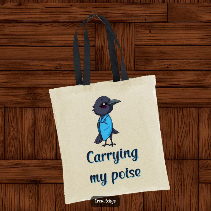Funny tote bag depicting an elegant crow wearing a vibrant blue kimono, captured in the act of bowing gracefully.